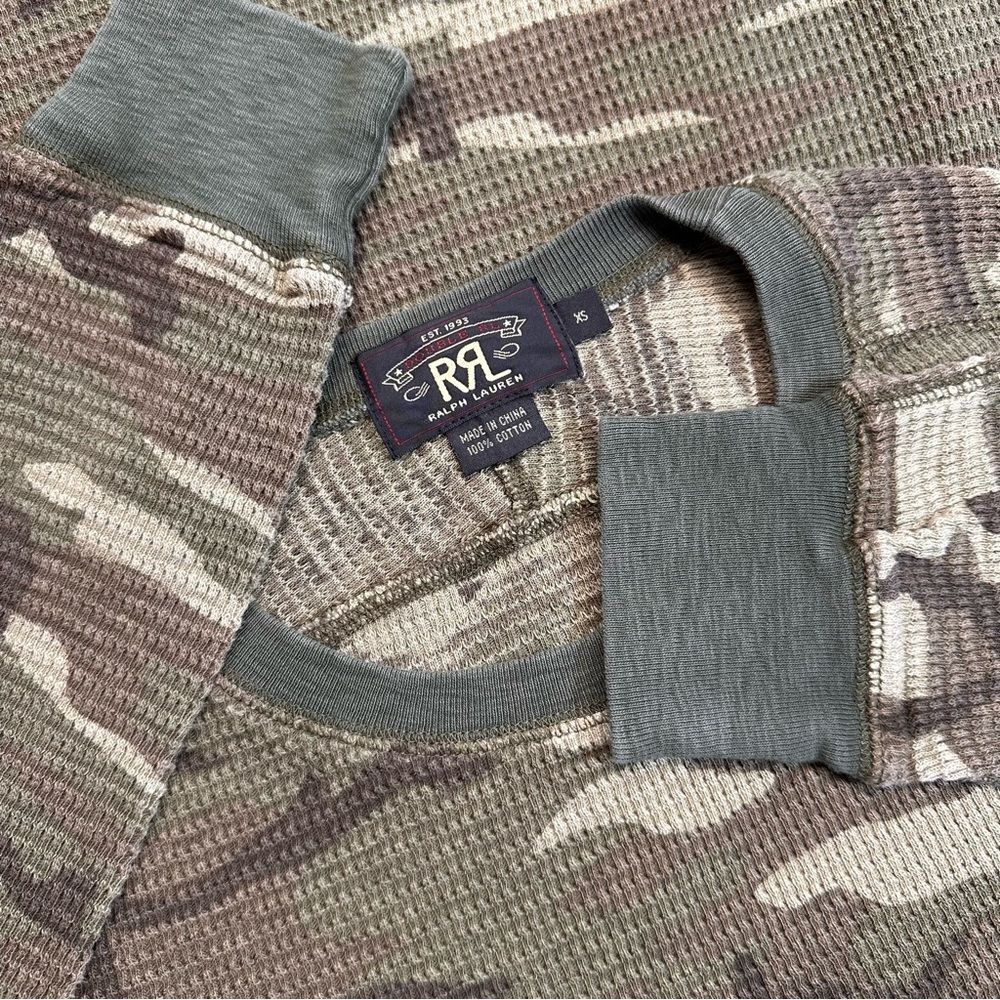 Ralph Lauren RRL Cotton Olive Camo Long Sleeve Thermal Waffle-Knit Tee Shirt - Picture 6 of 16